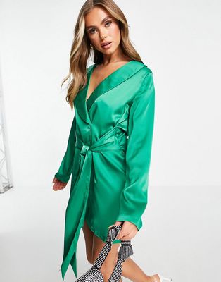 In The Style tie front satin blazer dress in emerald green