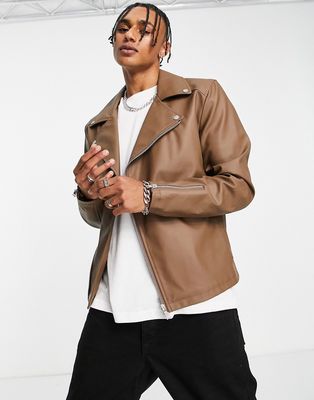 ASOS DESIGN faux leather essential biker jacket in brown