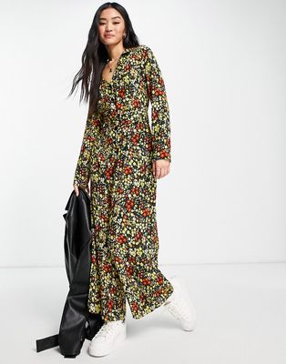 ASOS DESIGN bubble crepe 70s collar belted tea jumpsuit in mustard floral-Multi