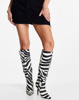 Public Desire Best Believe knee high heel boots in zebra-Multi