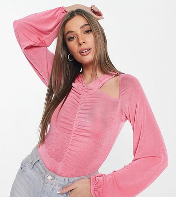 In The Style x Liberty exclusive cut out ruched volume sleeve bodysuit in pink