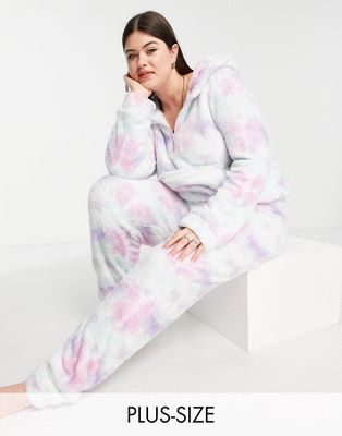 Loungeable fleece pajamas with half zip in pastel tie dye-Pink