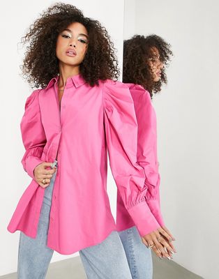 ASOS EDITION cotton shirt with oversized puff sleeve in bright pink
