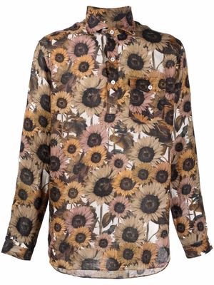 Lardini floral-print cutaway-collar shirt - Brown