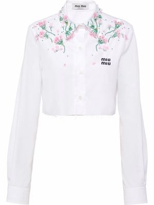 Miu Miu floral-embellished cropped poplin shirt - White