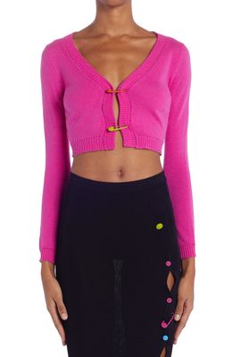 Versace Safety Pin Crop Wool Cardigan in Fuxia