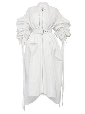 Alexander Mcqueen - Belted Gathered-sleeve Poplin Shirt Dress - Womens - White