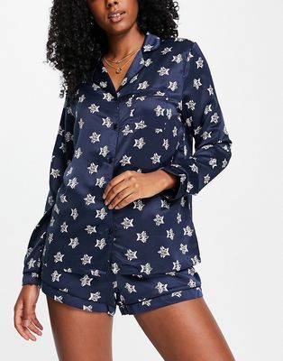 Loungeable satin shorts pajama set in navy zebra star print