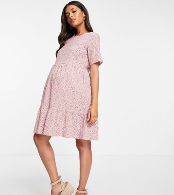 Pieces Maternity mini smock dress in pink ditsy floral-Multi