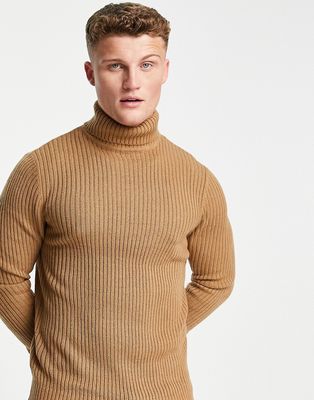 Soul Star muscle fit ribbed roll neck sweater in tan-Brown