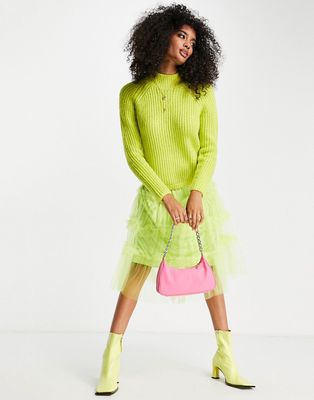 Amy Lynn tulle midi dress with sweater layering in neon yellow