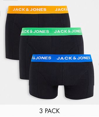 Jack & Jones 3-pack logo trunks with contrast waistband-Black