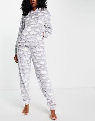 Loungeable fleece pajamas with half zip in gray cloud print