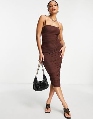 Simmi ruched strappy midi dress in chocolate-Brown