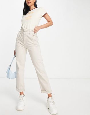 Pull & Bear paperbag high waist pants in stone-Neutral