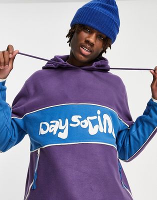 ASOS Daysocial relaxed hoodie in polar fleece color block with logo print in purple
