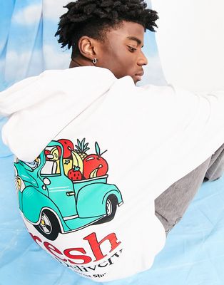 Crooked Tongues oversized hoodie with fresh fruit delivery graphic in white