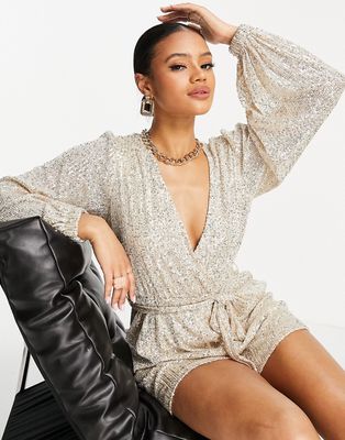 Simmi plunge front sequin long sleeve romper in champagne-Silver