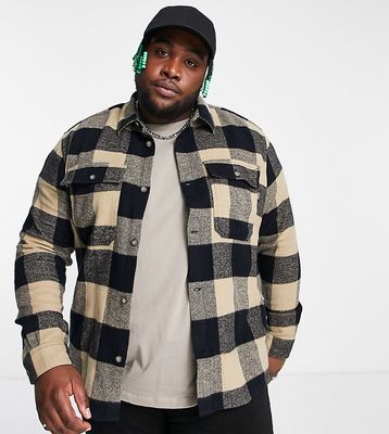 Only & Sons flannel check overshirt in beige & navy-Multi