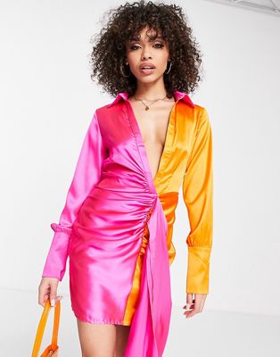Missguided color block satin mini dress with ruched drape front in orange and pink-Multi