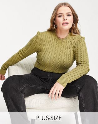 In The Style Plus x Perrie Sian long sleeve cable knitted bodysuit in khaki-Green
