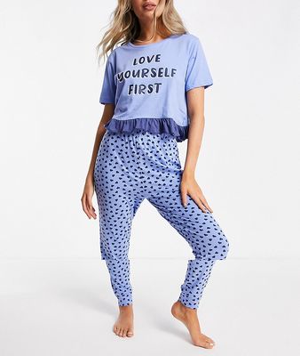 Brave Soul love frill top pajama set in blue and navy-Blues