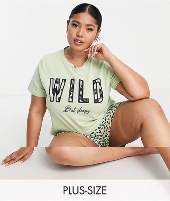 Brave Soul Plus Wild shorts pajama set in sage animal print-Green