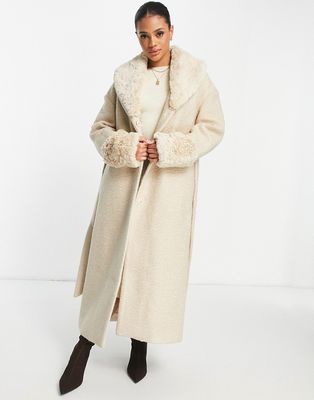 NA-KD faux fur collar and cuff coat with belt in beige-Neutral