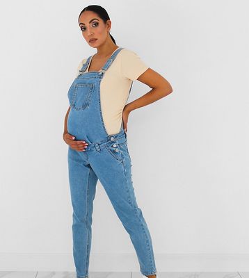 Missguided Maternity denim mom overalls in blue-Blues