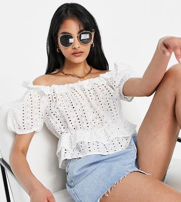 Vila exclusive eyelet cropped top with frill detail in white