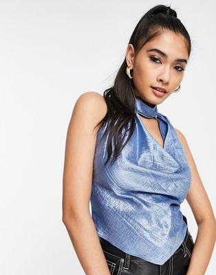 ASOS DESIGN cami with cowl neck and open back in smokey blue