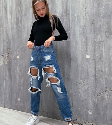 Missguided petite riot high waisted mom jeans in blue