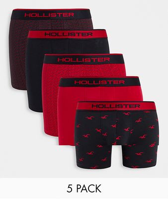 Hollister 5 pack trunks all over logo print & waistband in black & reds-Multi