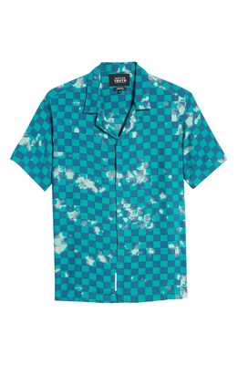 Native Youth Acid Wash Chequer Short Sleeve Button-Up Camp Shirt in Teal