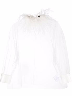 Styland ostrich feather-trim sheer blouse - White