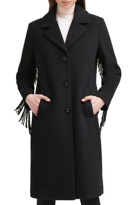 Kenneth Cole New York Notched Collar Wool Blend Fringe Coat in Black