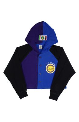 Cross Colours Women's Colorblock Crop Hooded Baseball Jacket in Purple/Blue