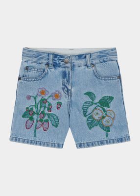 Girl's Floral-Embroidered Denim Shorts, Size 2-14