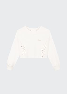 Girl's Logo Embroidered Eyelet Cropped Sweater, Size 6-12