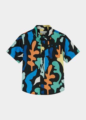 Boy's Seaweed-Print Button-Down Shirt, Size 2-12
