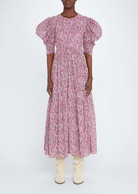 Sichelle Floral Puff-Sleeve Tiered Maxi Dress