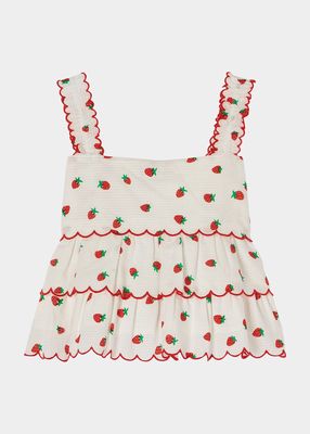 Girl's Strawberry-Print Jacquard Top, Size 2-14