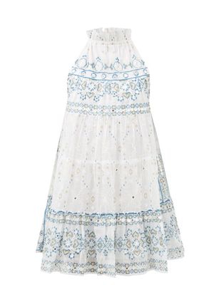 Juliet Dunn - Mosaic-print Embroidered Cotton Dress - Womens - White Blue