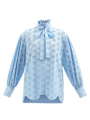 Valentino - Sangallo-embroidered Cotton-blend Blouse - Womens - Light Blue