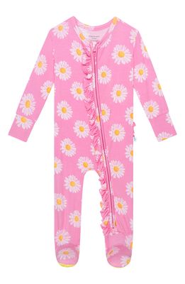 Posh Peanut Quinn Floral Ruffle Zip Fitted One-Piece Pajamas in Medium Pink