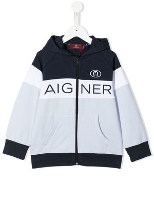Aigner Kids logo-print panelled zip hoodie - Blue