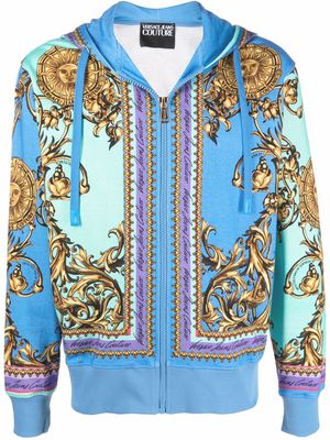 Versace Jeans Couture baroque-print zip-through hooded sweatshirt - Blue