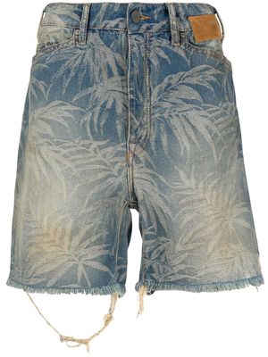 Palm Angels leaf-print distressed denim shorts - Blue