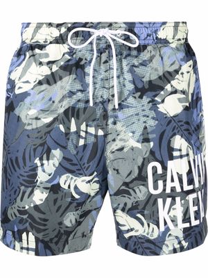 Calvin Klein botanical-print drawstring-waist swim shorts - Blue