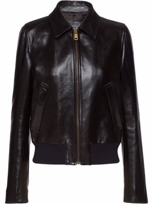 Prada cropped leather bomber jacket - Black